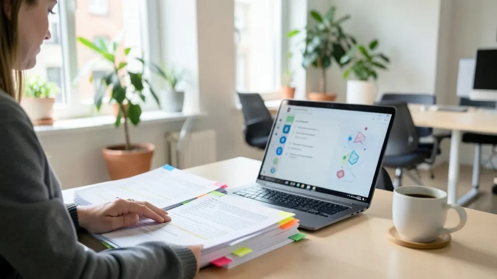 Una responsabile qualità consulta un plico di documenti tecnici con segnalibri colorati accanto a un portatile, in un ufficio luminoso