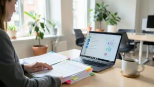 Una responsabile qualità consulta un plico di documenti tecnici con segnalibri colorati accanto a un portatile, in un ufficio luminoso