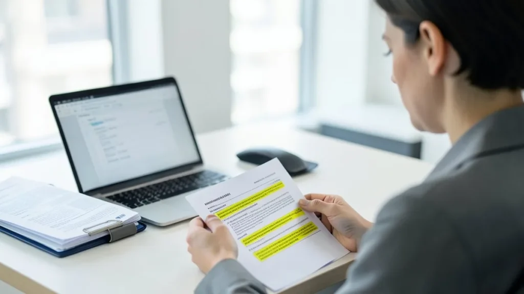 Una responsabile della conformità legge un questionario stampato con paragrafi evidenziati, accanto a un portatile e a un raccoglitore