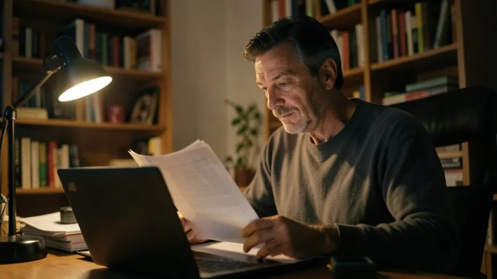 Un uomo legge un documento stampato alla scrivania di casa, con il laptop aperto e la lampada accesa