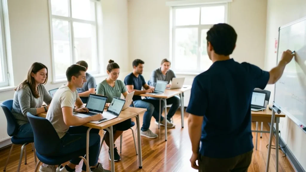 Un gruppo di adulti di età diverse segue un corso di formazione con i portatili in un'aula luminosa