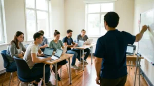 Un gruppo di adulti di età diverse segue un corso di formazione con i portatili in un'aula luminosa