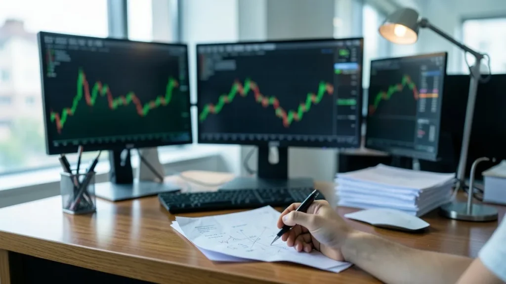 Tre monitor con grafici di borsa su una scrivania, una mano prende appunti su un foglio