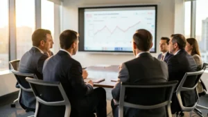 Investitori in una sala riunioni davanti a uno schermo con grafici di crescita