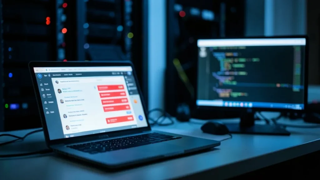 Laptop con una console cloud piena di avvisi rossi e un monitor con codice, in una stanza server in penombra