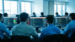 Tecnici in una sala di sicurezza informatica davanti a monitor con codice e pannelli di stato