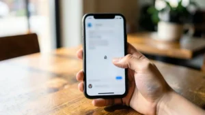 Una mano tiene uno smartphone con una schermata di chat sfocata e una piccola icona a forma di lucchetto