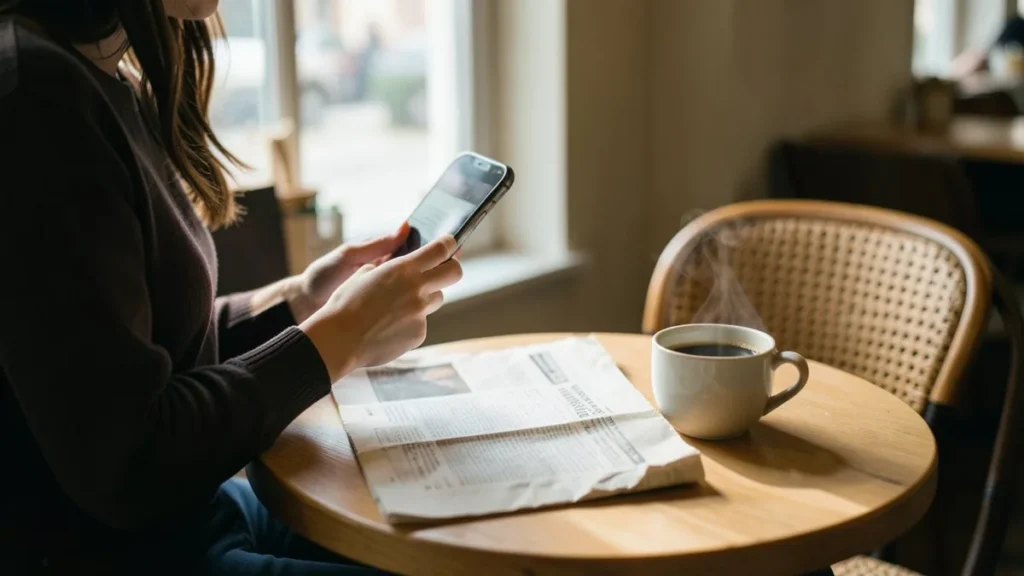 Donna al tavolino di un bar che legge notizie sullo smartphone accanto a un giornale
