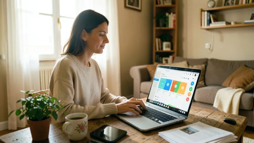 Una donna al tavolo di casa usa ChatGPT sul laptop, con grafici e pulsanti interattivi sullo schermo