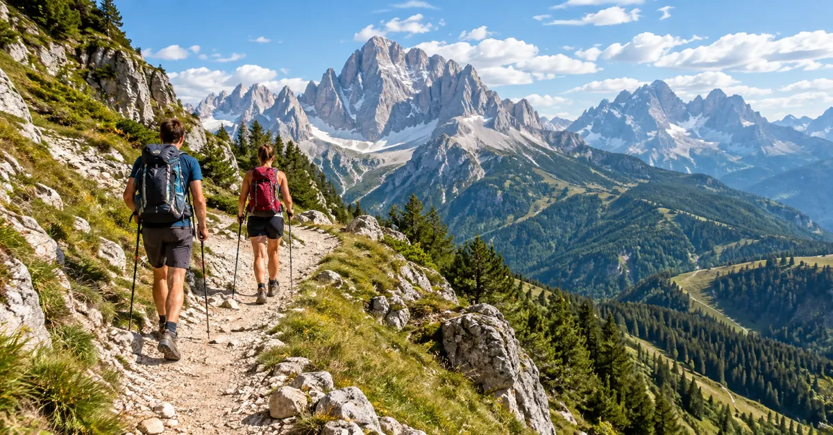 Immagine generata da ChatGPT: due escursionisti di spalle su un sentiero alpino con montagne dolomitiche sullo sfondo