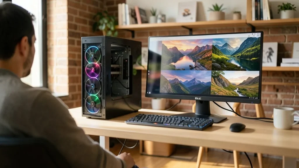 Un grafico alla scrivania con un PC desktop e un monitor che mostra una griglia di paesaggi generati
