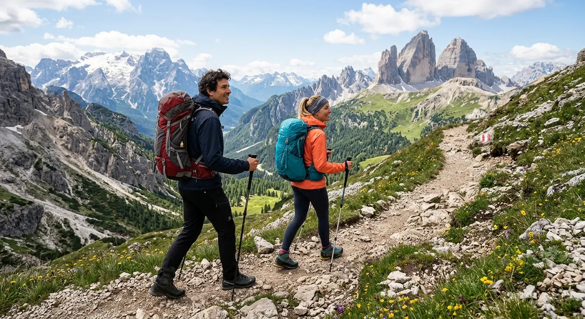 Immagine generata da Gemini: due escursionisti sorridenti su un sentiero con le Tre Cime di Lavaredo sullo sfondo