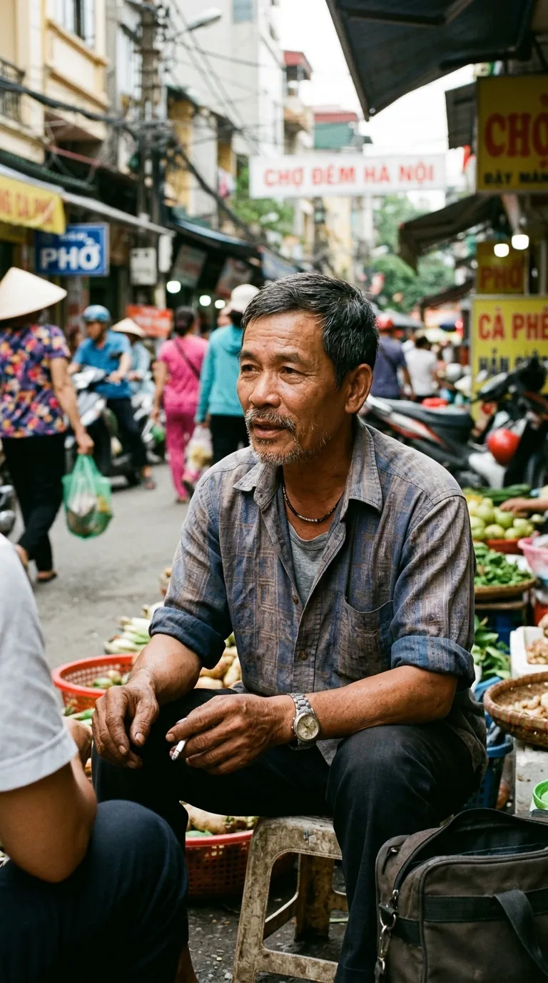 Ritratto generato da Gemini: uomo di mezza età seduto su uno sgabello in un mercato di Hanoi, con insegne in vietnamita