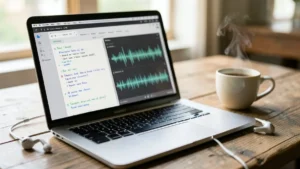 Laptop su un tavolo di legno con un'app per appunti e la forma d'onda di una registrazione, auricolari e tazza di caffè