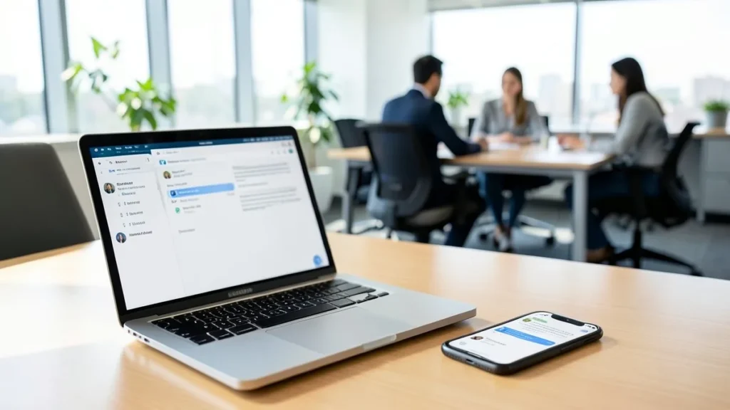 Laptop con casella email e documento affiancati e uno smartphone con una chat, in un ufficio luminoso