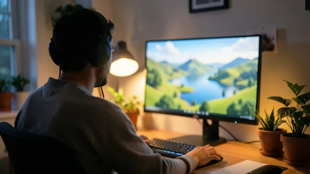 Ragazzo con cuffie alla scrivania davanti a un monitor con un paesaggio virtuale