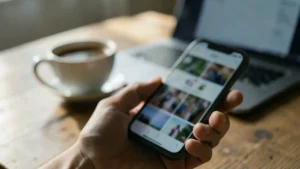 Una mano scorre su uno smartphone una galleria di foto sfocate, accanto a una tazza di caffè e a un portatile