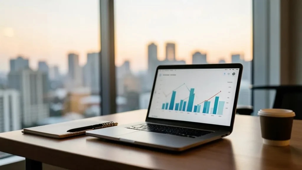 Laptop con grafici di crescita su una scrivania in un ufficio con vista sui grattacieli al tramonto