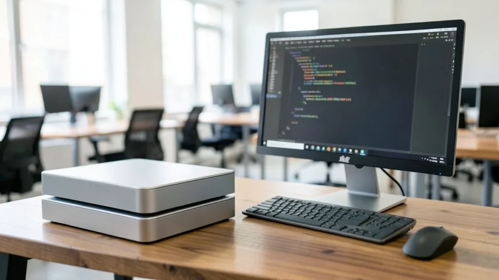 Due computer desktop compatti in alluminio impilati su una scrivania accanto a un monitor con codice