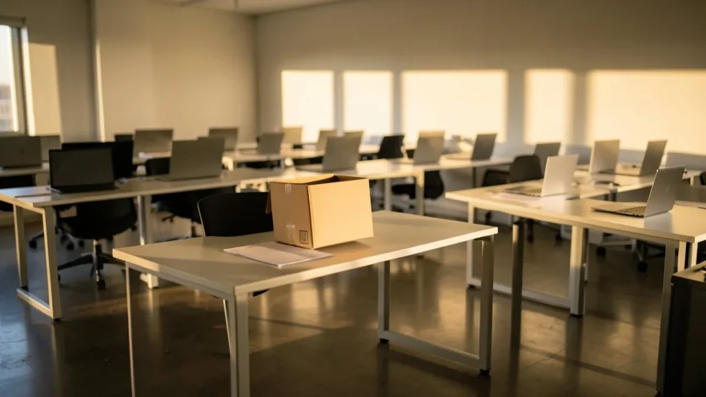 Ufficio open space vuoto con scrivanie, portatili chiusi e una scatola di cartone