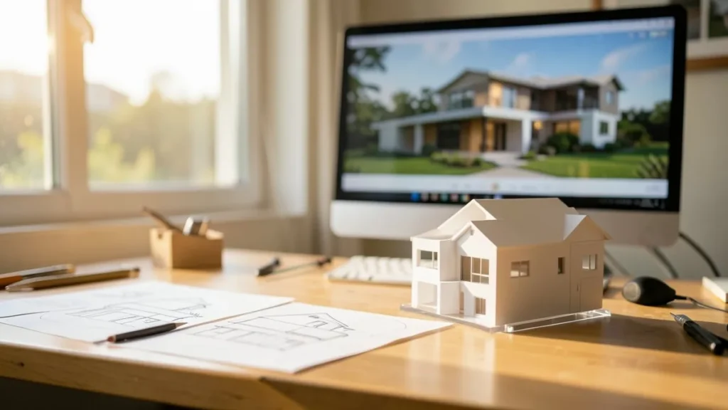 Scrivania di uno studio di architettura con schizzi, un plastico bianco e un monitor con il render della stessa casa