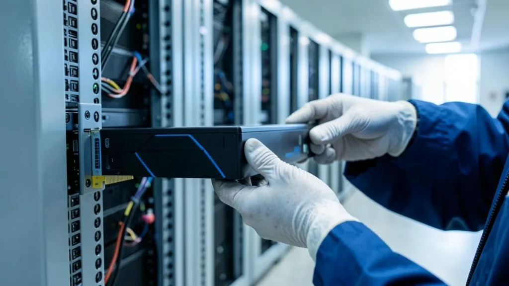 Mani di un tecnico che inseriscono un server in un rack di un data center