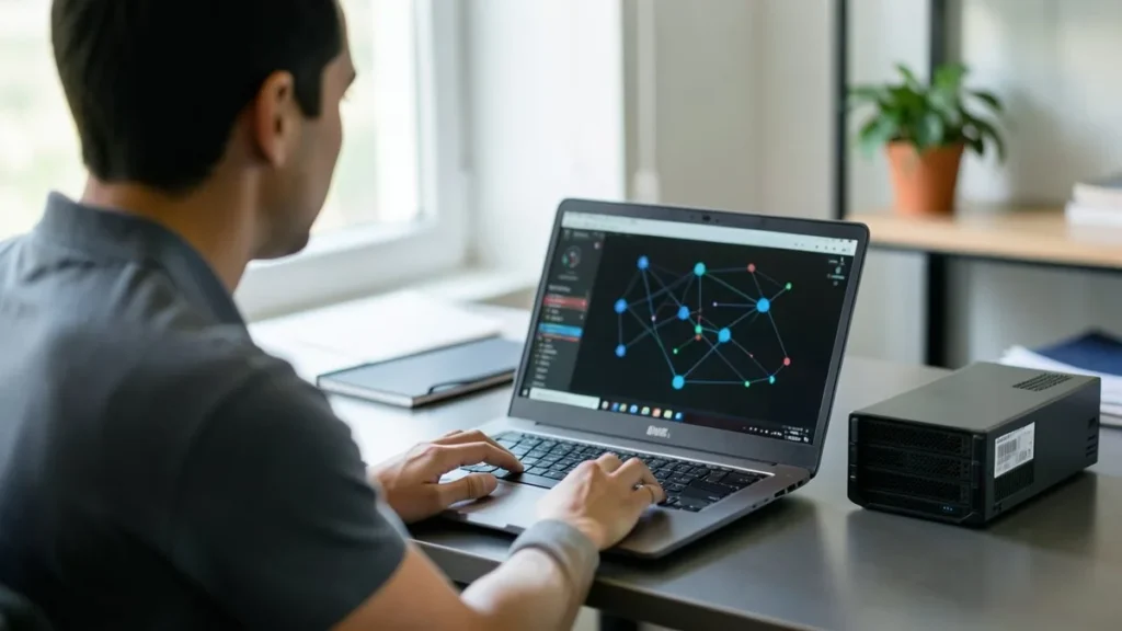 Una persona lavora al portatile accanto a un piccolo server, sullo schermo una mappa astratta di nodi collegati