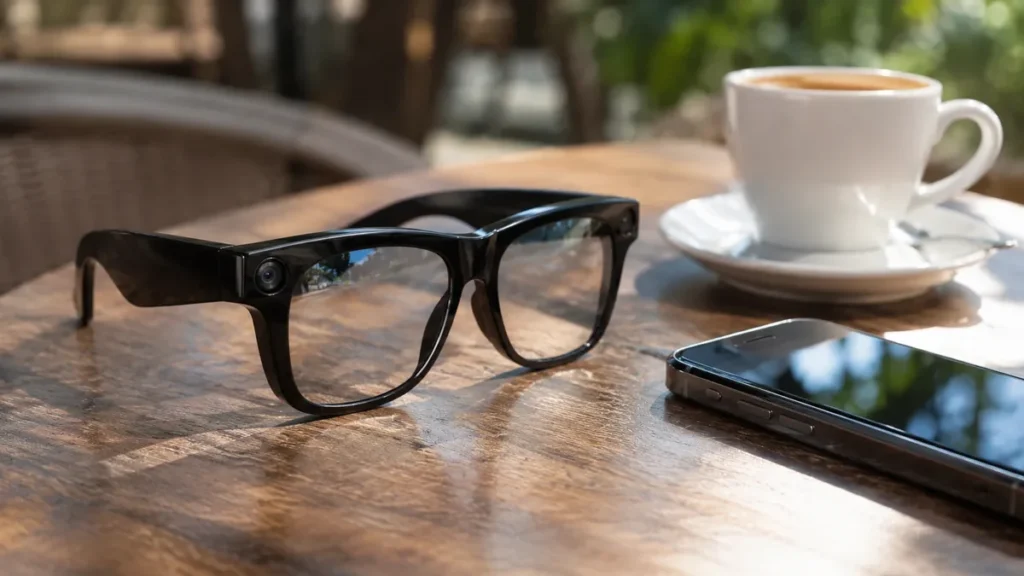 Occhiali smart neri con una piccola fotocamera sulla montatura, appoggiati sul tavolo di un bar accanto a uno smartphone e a una tazza di caffè