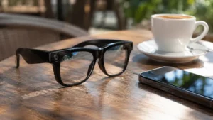 Occhiali smart neri con una piccola fotocamera sulla montatura, appoggiati sul tavolo di un bar accanto a uno smartphone e a una tazza di caffè
