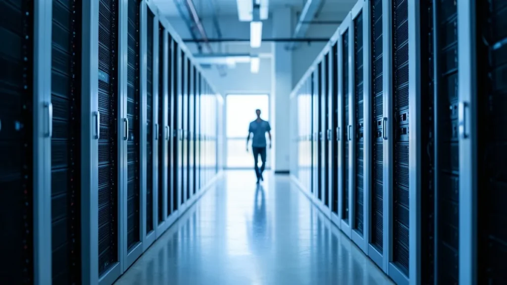 Il corridoio di un data center tra file di armadi server illuminati di blu, con una persona lontana in controluce