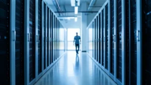 Il corridoio di un data center tra file di armadi server illuminati di blu, con una persona lontana in controluce