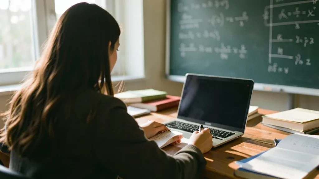 Ricercatrice di spalle alla scrivania con un blocco di appunti e un laptop aperto