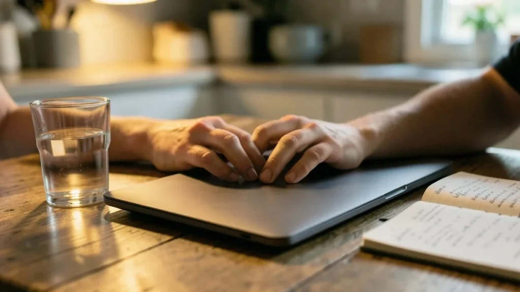 Mani appoggiate su un laptop chiuso sul tavolo di cucina con un bicchiere d'acqua
