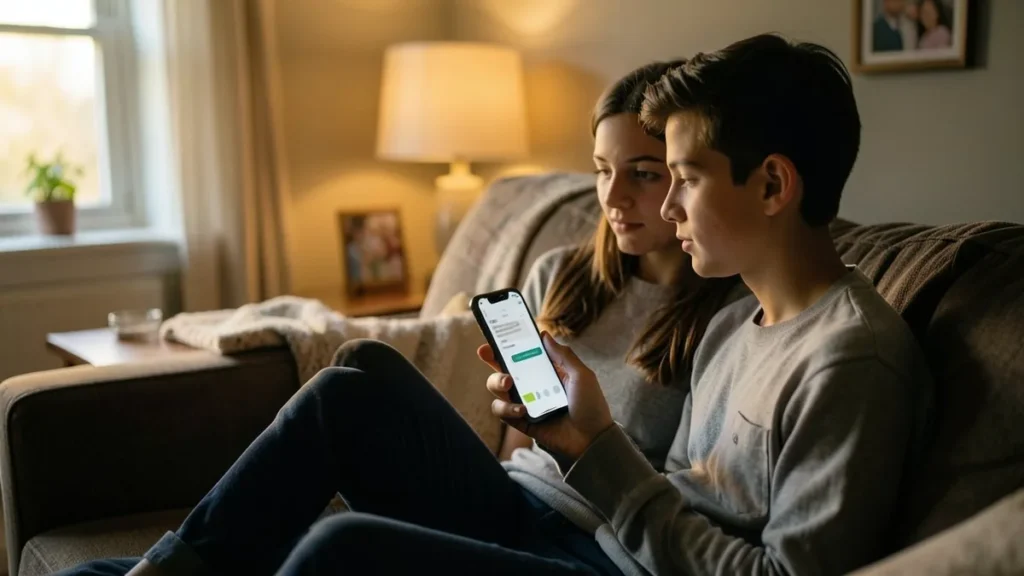 Un genitore e un ragazzo seduti sul divano guardano insieme lo schermo di uno smartphone