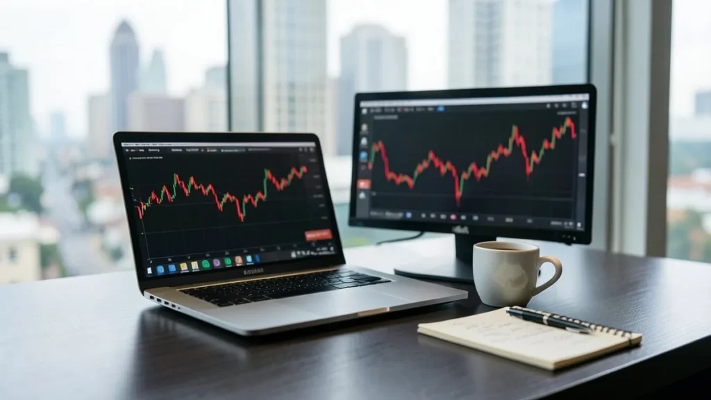 Laptop e monitor con grafici di Borsa su una scrivania in un ufficio con vista sulla città