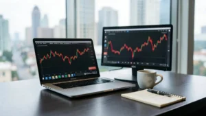 Laptop e monitor con grafici di Borsa su una scrivania in un ufficio con vista sulla città