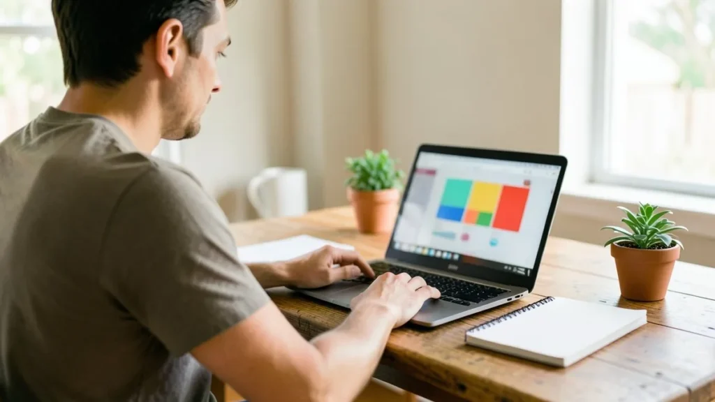 Uomo che usa un browser su un laptop in uno studio luminoso