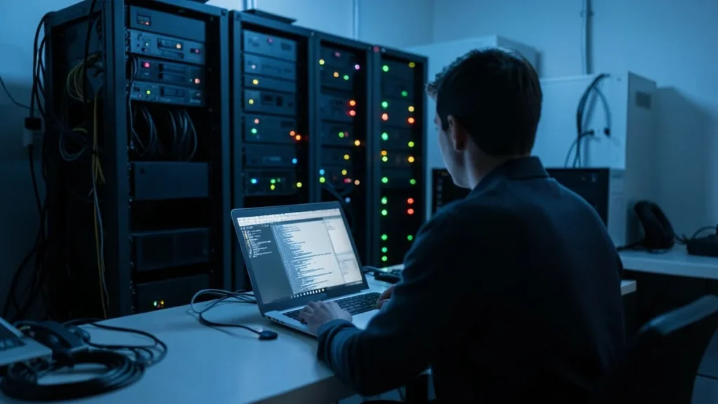 Un sistemista lavora al portatile in una piccola sala server con le spie dei rack accese, in luce blu