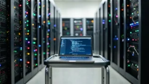 Laptop su un carrello in una sala server con armadi di rete illuminati