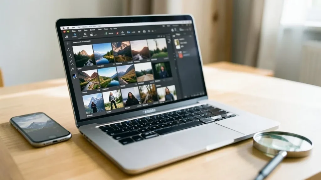 Laptop con una galleria di foto aperta, uno smartphone e una lente di ingrandimento sulla scrivania