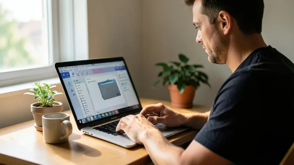 Un uomo alla scrivania di casa organizza cartelle e file sul laptop