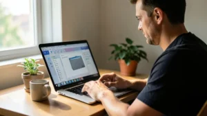 Un uomo alla scrivania di casa organizza cartelle e file sul laptop